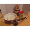 Image 1 : Antique Air Sprayer, 3 vintage cookie tins, 1 vintage wash basin