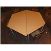 Image 1 : 2 tables (wooden top, metal bottom, size: 58.25"L x 25.5"W x 23.5"H) and 5 wooden chairs