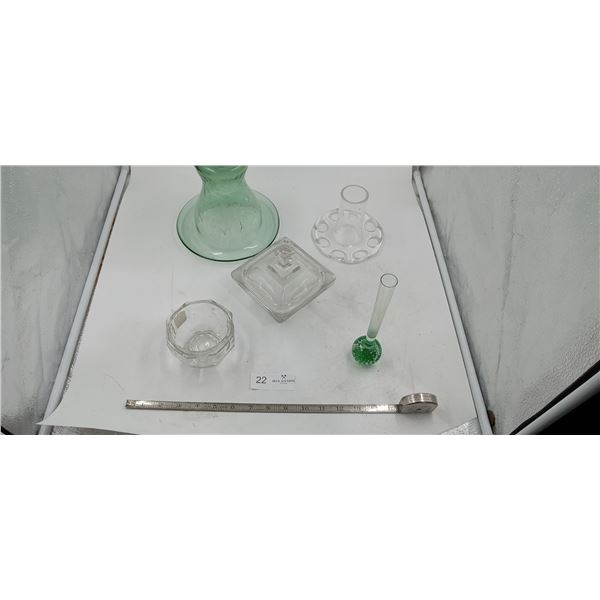 Lead Crystal Decantern, Candle Base, Desert Bowl, and Blown Glass Ball