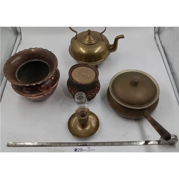 Assorted Brass: Teapot, Lamps, Decorative Vase, Pot, and Whicker Candle