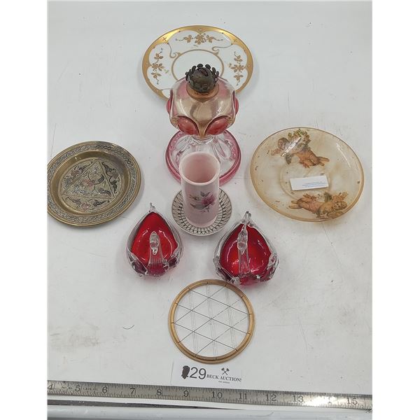 Decorative Saucers, Crystal Swans, and Decorative Lantern,