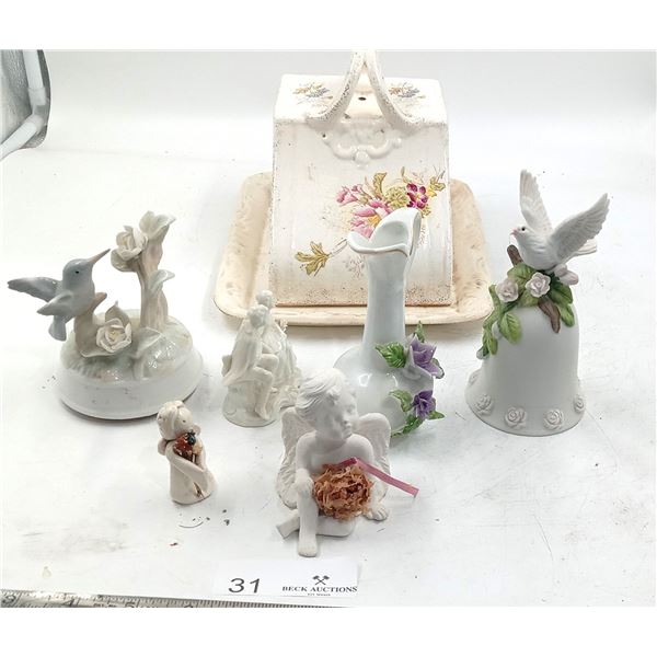 Decorative Figurines, Angels, Birds, Bell, Baqoque Couple, and Butter Dish