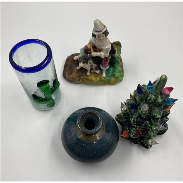 Decorative Porceline Italian Minstrel, Christmas Tree, Glass, and Vase