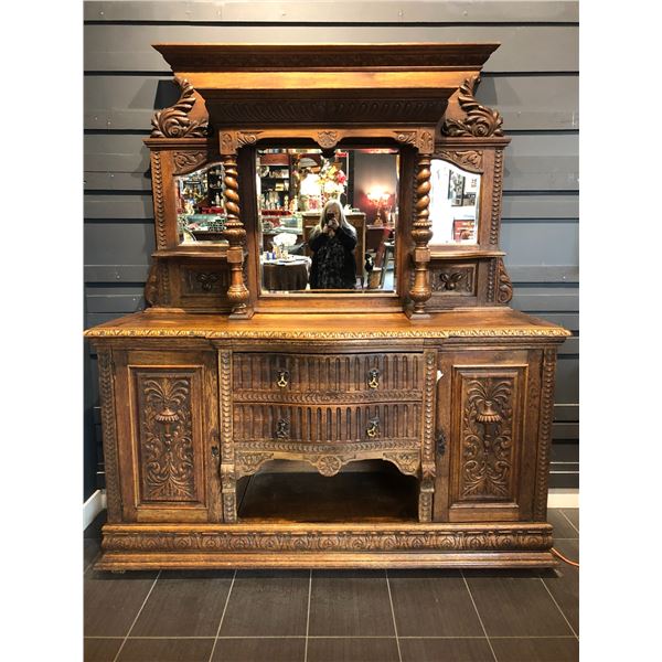 Art Nouveau Oak Sideboard With Beveled Mirrors 72L x 22D x 84H