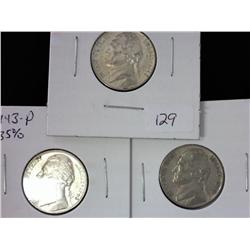 1942-P, 43-P And 44-D Jefferson War Nickels (UNC)