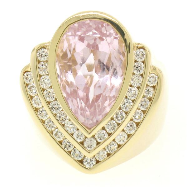 14k Yellow Gold Bezel Pear Morganite & Diamond Channels 8.05 ctw Large Ring