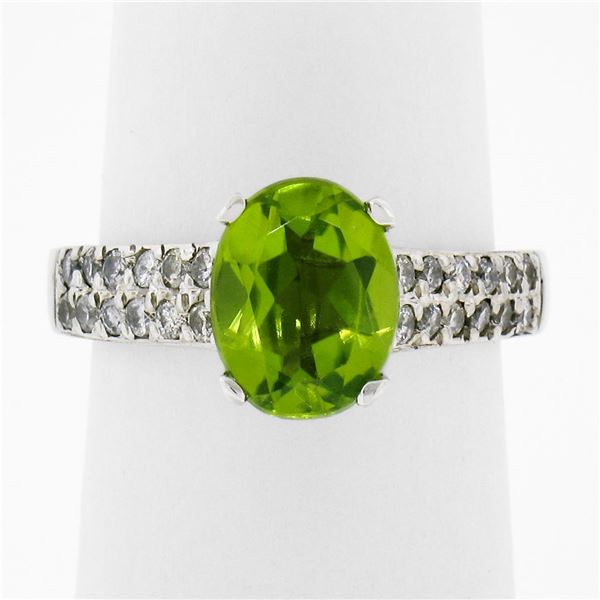 14K White Gold 2.47 ctw Oval Peridot & Dual Row Pave Diamond Solitaire Ring