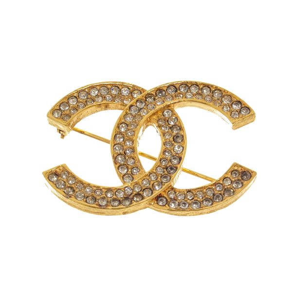 Chanel Gold CC Rhinestone Brooch