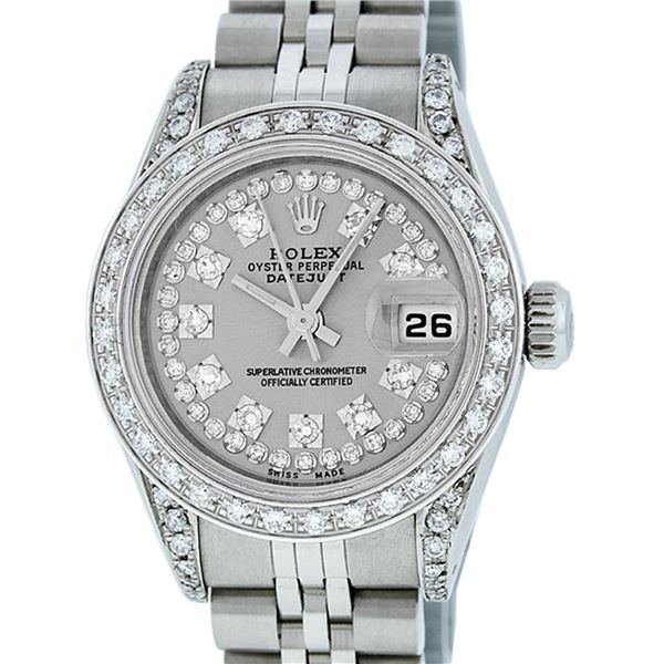 Rolex Ladies Stainless Steel 26MM Slate Grey String Diamond Lugs Wristwatch