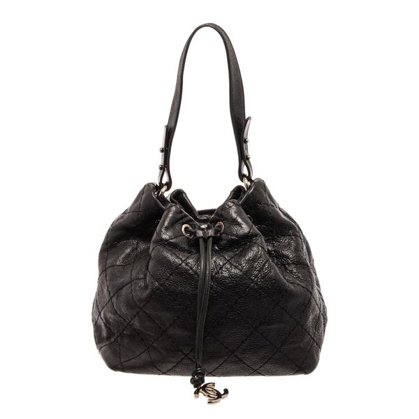 Chanel CC Black Calfskin Leather Drawstring Tote Bucket Bag