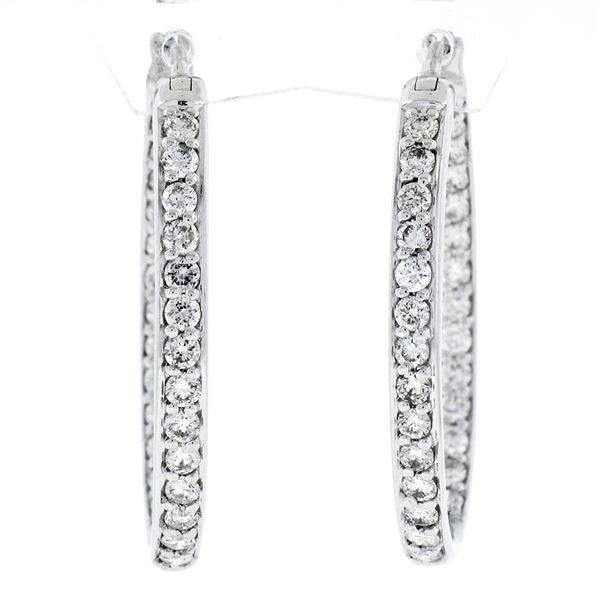 Solid 18K White Gold Large 1.48 ctw In and Out Round Diamond Oval Hoop Earrings