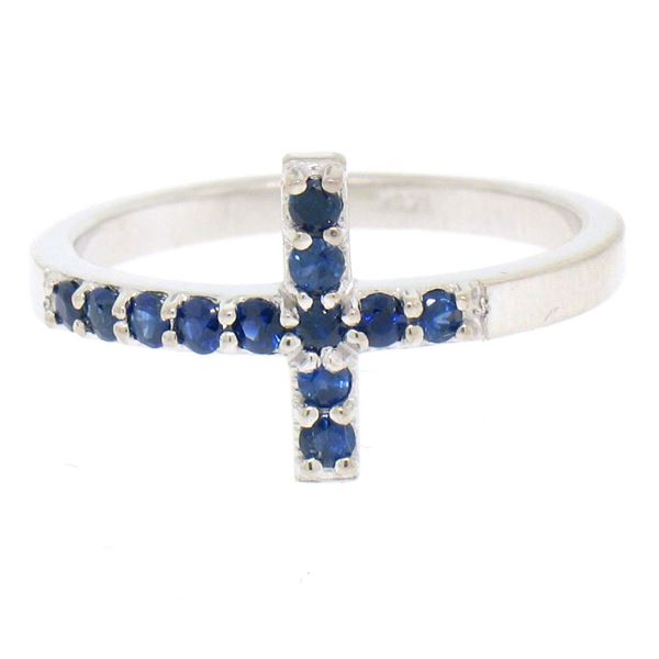 NEW 14k White Gold 0.25 ctw Round Cut Rich Blue Sapphire Curved Cross Band Ring