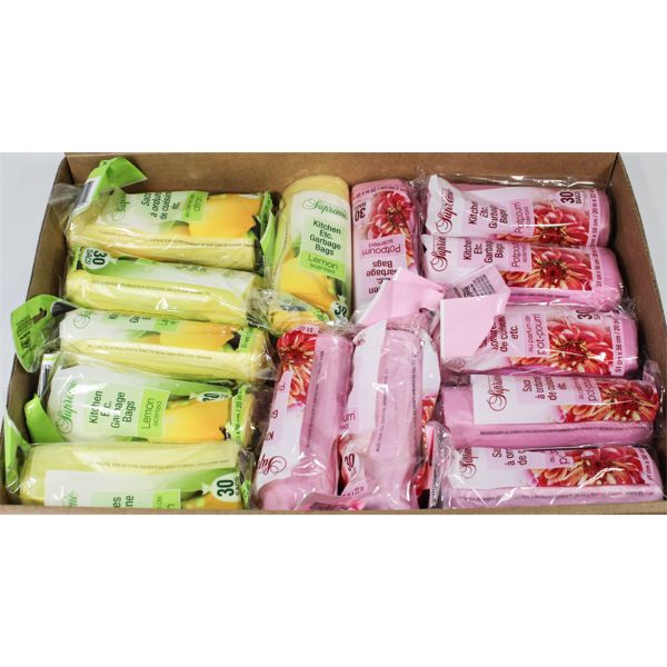 TRAY OF SCENTED KITCHEN GARBAGE BAGS, 30 BAGS/PKG