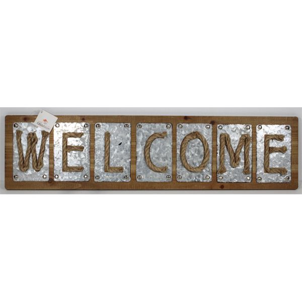 HANGING WOOD AND GALVANIZED STEEL WELCOME SIGN