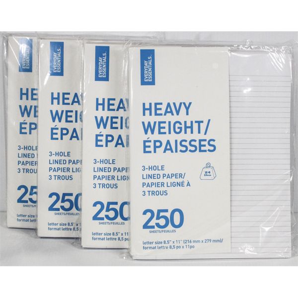 4 PKGS HEAVY WEIGHT 3-HOLE LINED PAPER