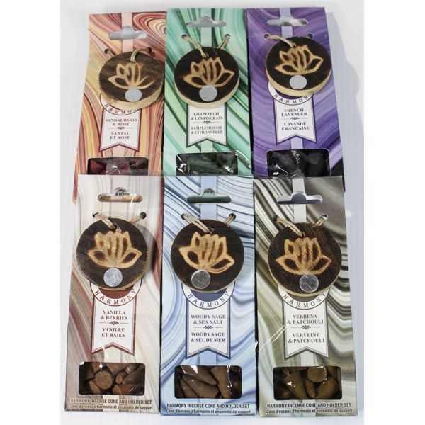 6 PKG ASST. HARMONY INCENSE CONES W/HOLDER