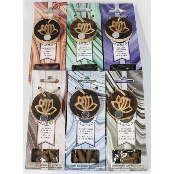 6 PKG ASST. HARMONY INCENSE CONES W/HOLDER