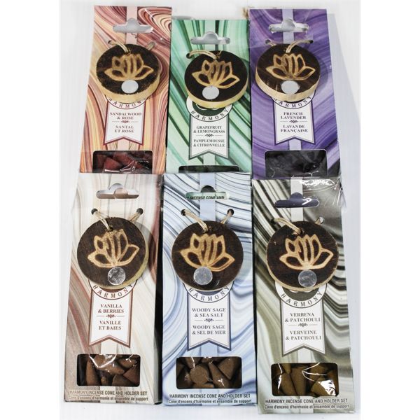 6 PKG ASST. HARMONY INCENSE CONES W/HOLDER