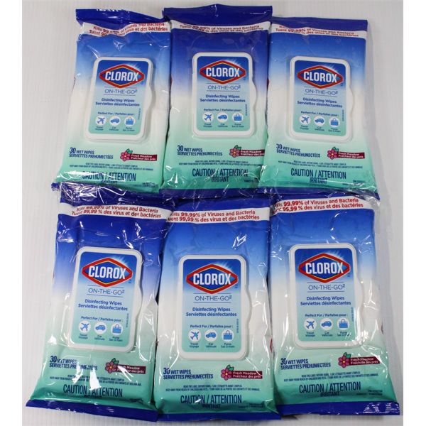 6 PKG CLOROX ON THE GO DISINFECTING WIPES - 30 SHEETS/PKG