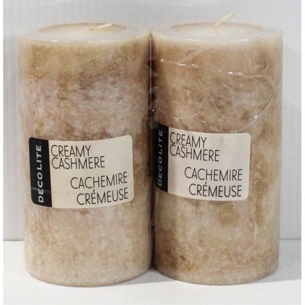 2 DECOLITE PILLAR CANDLES - CREAMY CASHMERE SCENT