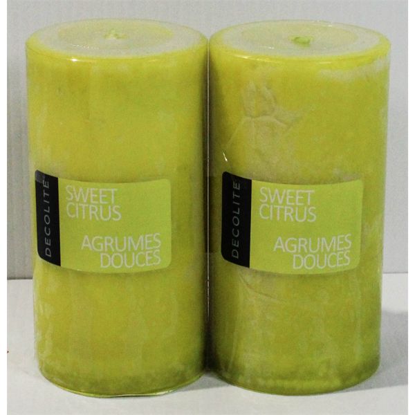 2 DECOLITE PILLAR CANDLES - SWEET CITRUS SCENT