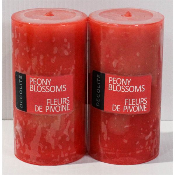 2 DECOLITE PILLAR CANDLES - PEONY BLOSSOMS SCENT