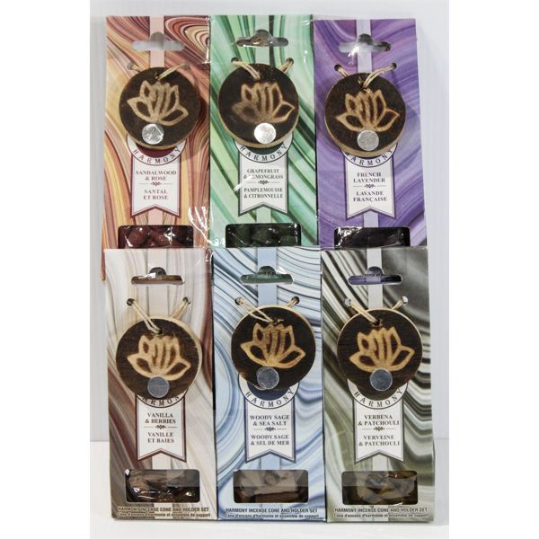 6 HARMONY INCENSE CONES W/HOLDER, ASST. SCENTS