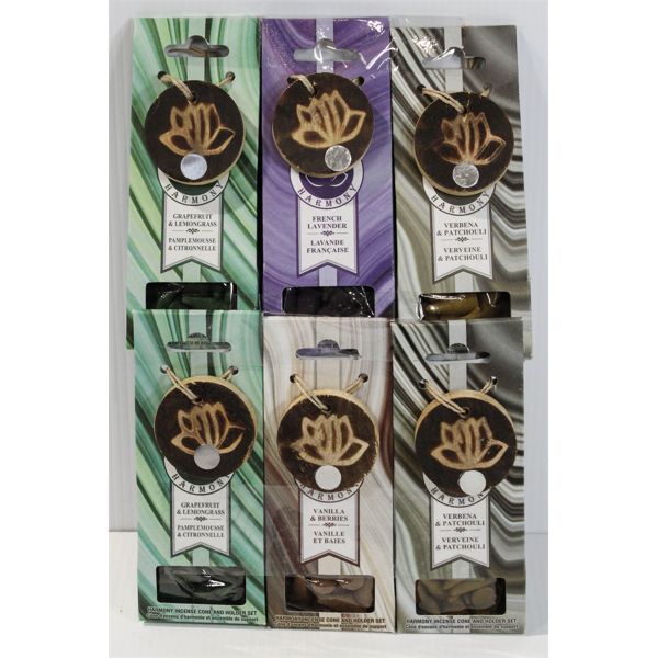 6 HARMONY INCENSE CONES W/HOLDER, ASST. SCENTS