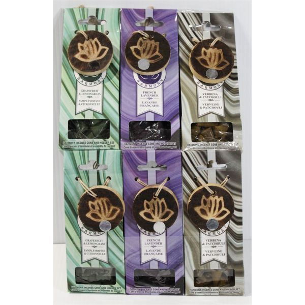 6 HARMONY INCENSE CONES W/HOLDER, ASST. SCENTS