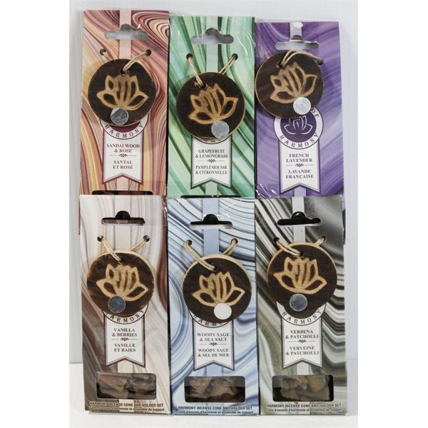 6 HARMONY INCENSE CONES W/HOLDER, ASST. SCENTS