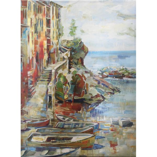 MEDITERRANEAN COASTAL TOWN OIL PAINTING ON CANVAS