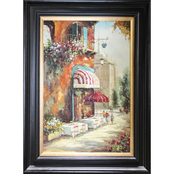 WOOD FRAMED EUROPEAN CAFE SCENE OIL ON CANVAS