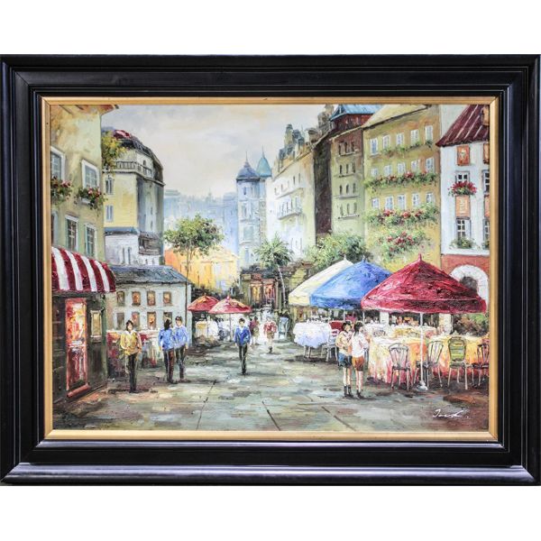 SIGNED WOOD FRAMED CAFE STREET SCENE OIL ON CANVAS