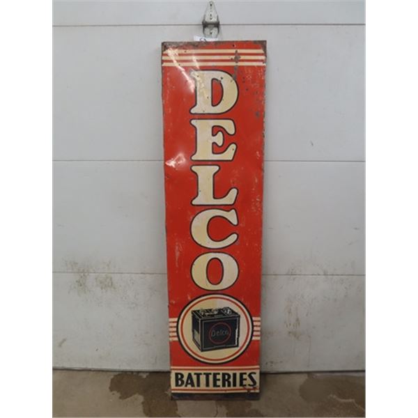 Delco Batteries Vertical Metal Sign with Very Light Embossment, Made in USA - 1940s