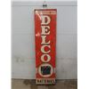 Image 1 : Delco Batteries Vertical Metal Sign with Very Light Embossment, Made in USA - 1940s