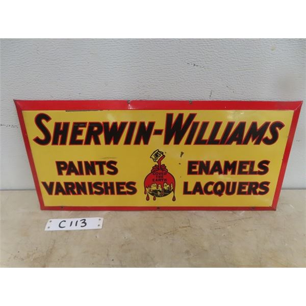 Sherwin Williams Paints and Varnishes Tin Sign in English and French 19'' x 8 1/2'' 