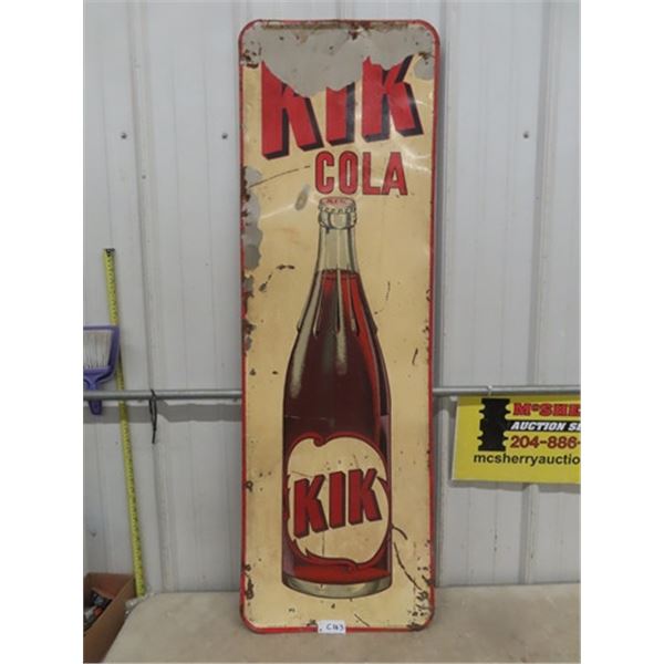 1962 Kik Cola Metal Vertical Bottle Sign with Embossed Bottle, Barker Made in Canada 17'' x