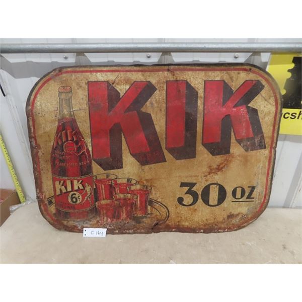 Kik Cola Lightly Embossed Tin Sign with 6 Cent Bottle 30 OZ 27'' x 19''