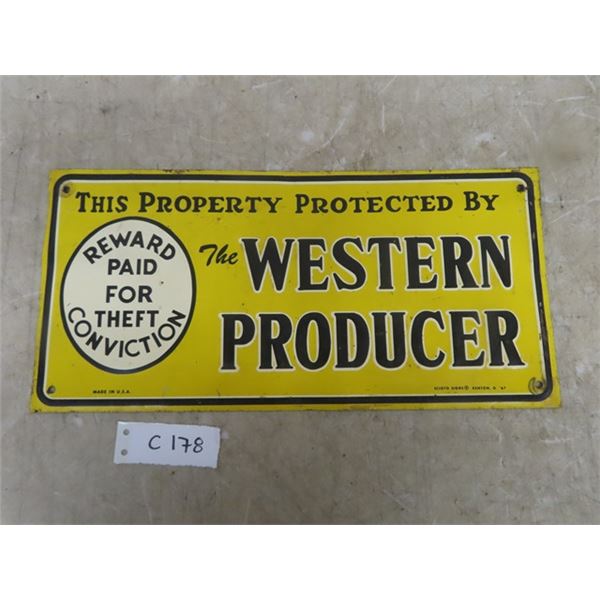 1967 Western Producer-Property Protected Embossed Tin Tacker Style Sign Made in USA 14'' x 6 3/4''  