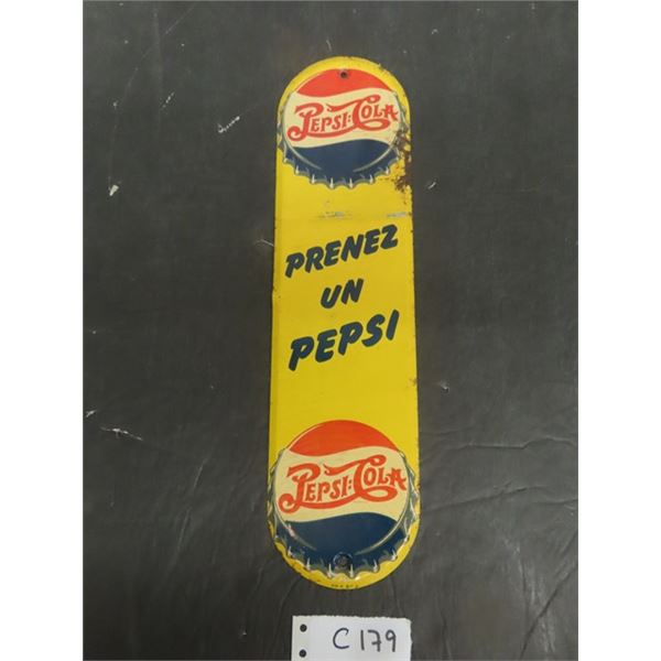 Pepsi Cola 'Prenez Un Pepsi' Tin Palm Press Sign in French 13 1/2'' x 3 1/2''