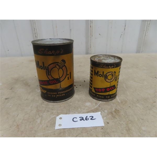 2 Sharps Moly Oil Tin Cans, Base Oil and Top Oil, 8 and 4 Fluid Ounces - Both Full of Contents 