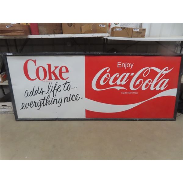 Huge Metal + Wood Framed Metal Coke Adds Life Sign 48.5"×119"- Made in Canada 1978