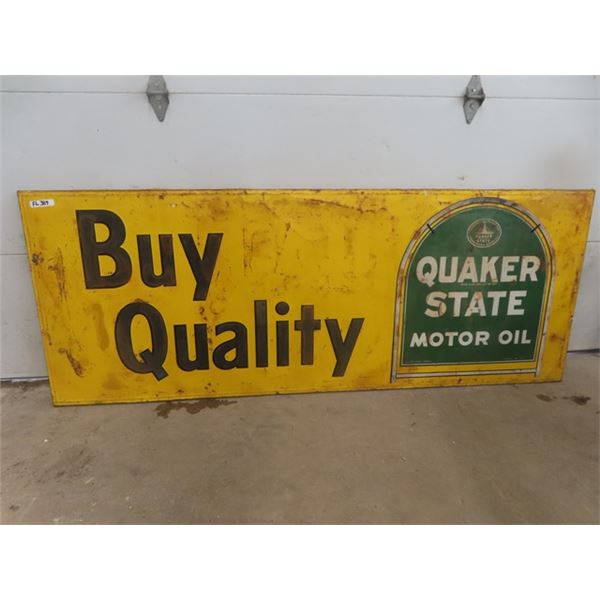 Quaker State Motor Oil Tin Sign - with Heavy Wood Back 36"×94"