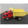 Image 2 : 2 Pressed Tin Dump Trucks: 1 Battery Operated with Plastic Cab 9" Long + Western is Friction Powered