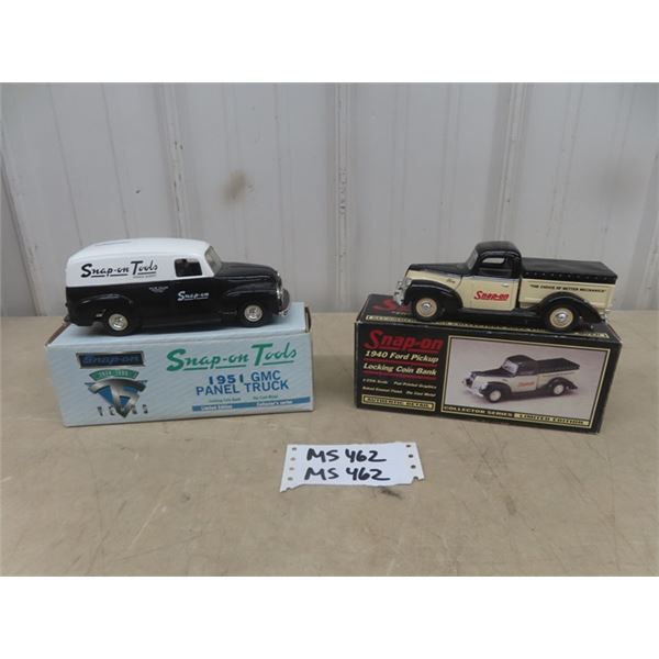 1940 Ford Pick Up + 1951 GMC Panel Die Cast Banks - Snap On Both in Boxes 