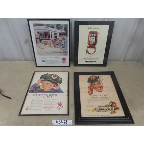 4 Assorter Service Station Framed Ads: Texaco, Gulf, Bridgestone, BA - Largest 12.5 ×15.5 