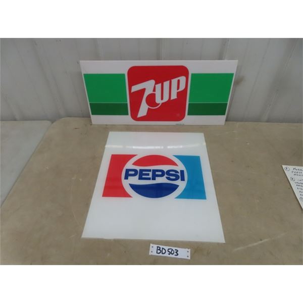 Pepsi + 7Up Plastic Advertising Signs From Drink Machines: 16 ×18  & 10 ×23 