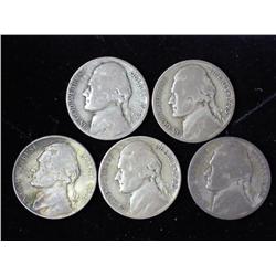 5 Assorted Jefferson War Nickels (35% Silver)