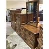 Image 1 : 4 PIECE BEDROOM SET INCLUDING; TALLBOY DRESSER (34X18X56"), DRESSER (68X18-1/2X29), MIRROR (30X42")