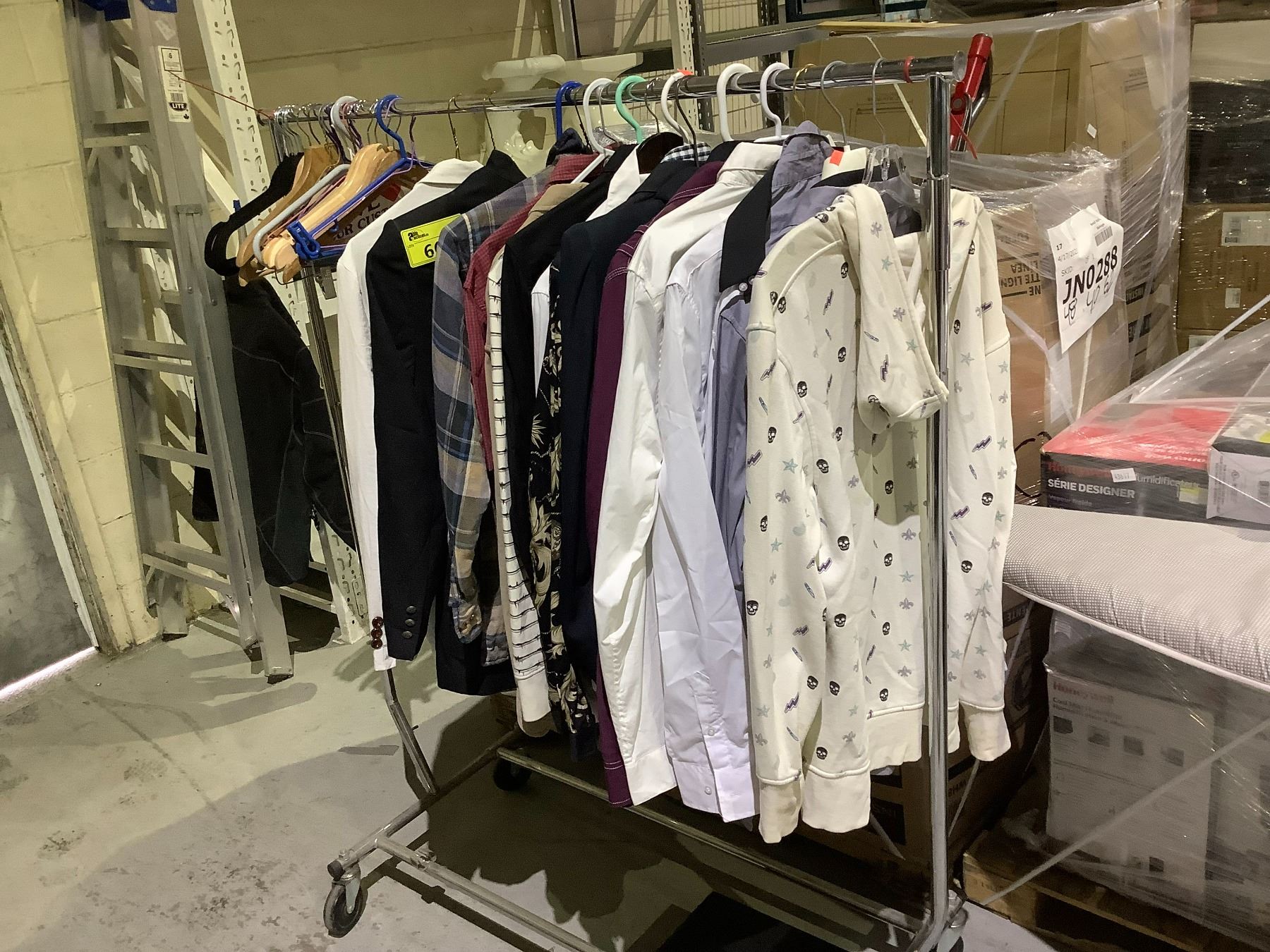 RACK OF ASSORTED CLOTHING INCLUDING; DRESS SHIRTS, SWEATER, JACKET ...